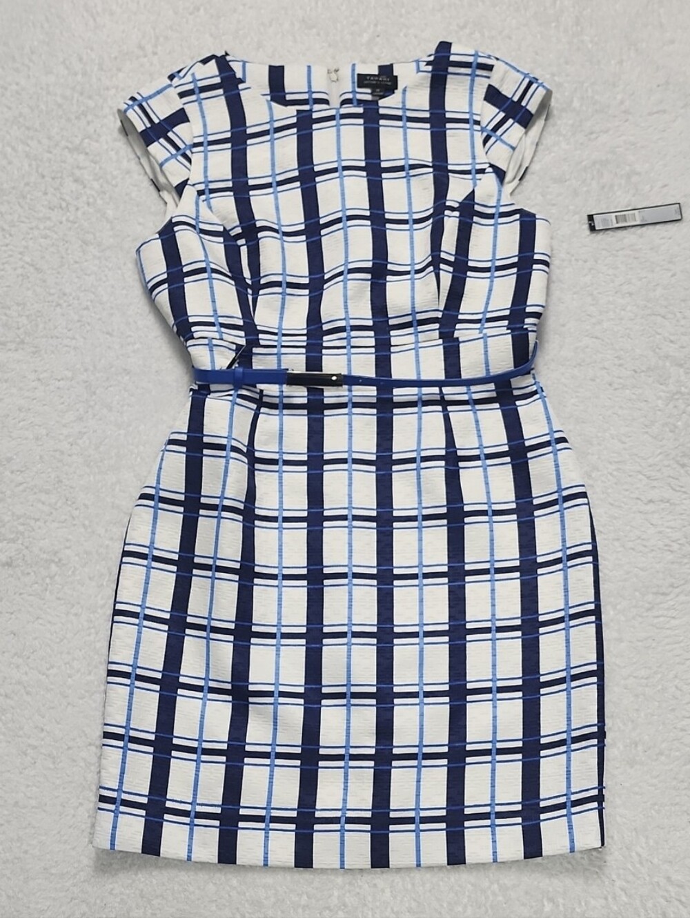 Tahari Arthur S. Levine White & Blue Plaid Sheath Belted Dress New With Tags
